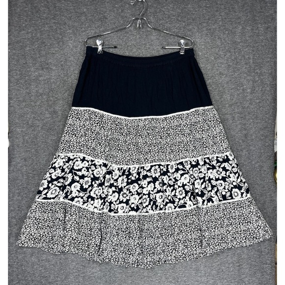 Cathy Daniels Dresses & Skirts - Vintage Cathy Daniels Peasant Skirt Size M Black White Floral Tiered Midi Boho